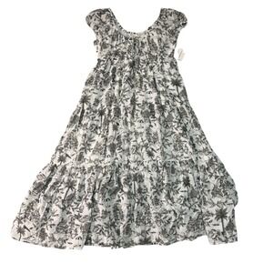 Lucky Brand Maxi Dress White Black Scenic Print Tiered Empire Waist Size L